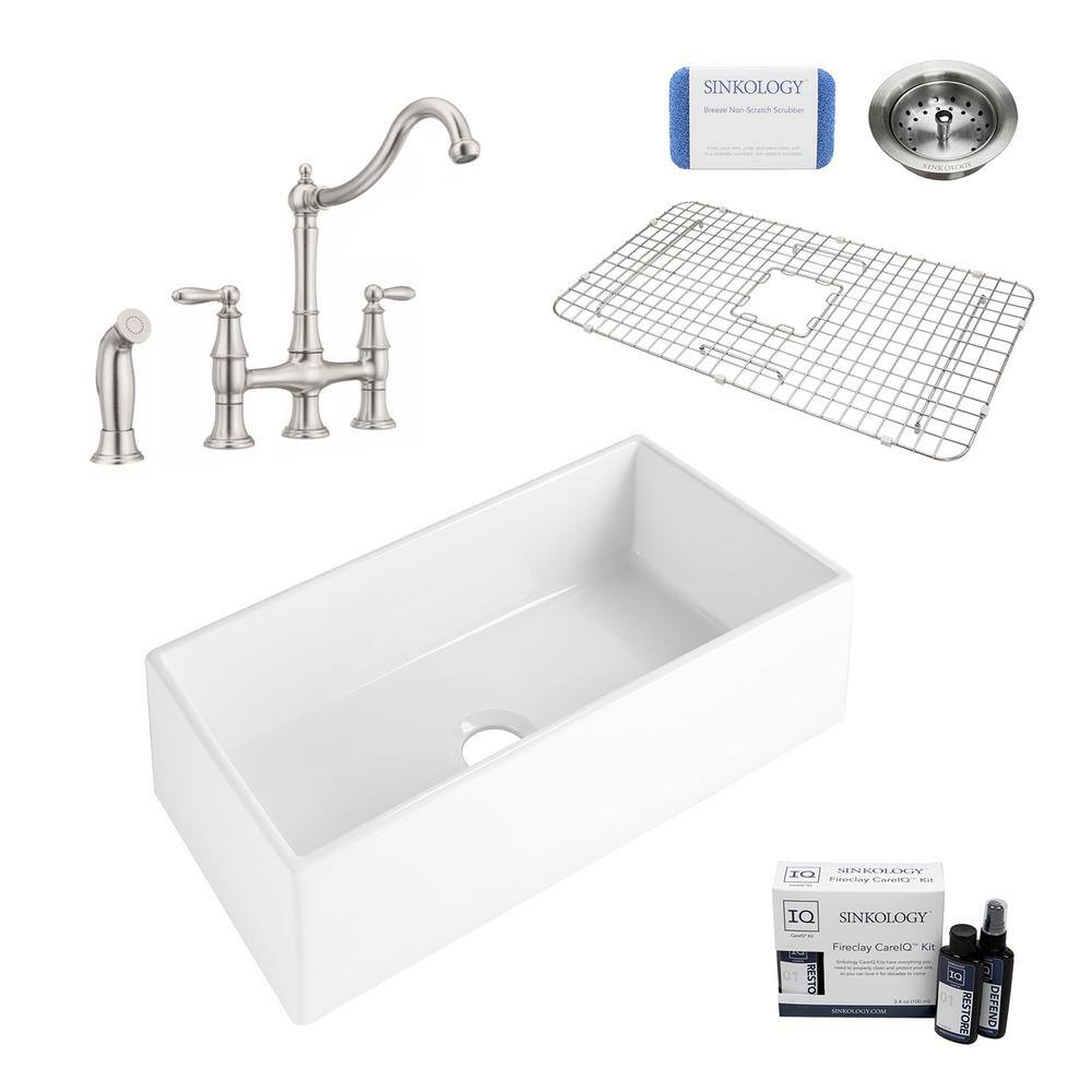 SINKOLOGY Harper All-in-One Farmhouse Apron Front Fireclay 36 in. Single Bowl Kitchen Sink with Pfister Bridge Faucet in Stainless SK495-36-COS