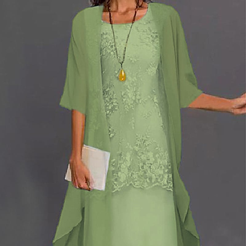 Women's Dress Set Lace Dress Midi Dress Light Blue Green Gray Half Sleeve Floral Embroidered Layered Patchwork Fall Spring Crew Neck Elegant Chinoiserie 2022 M L XL XXL XXXL 4XL 5XL