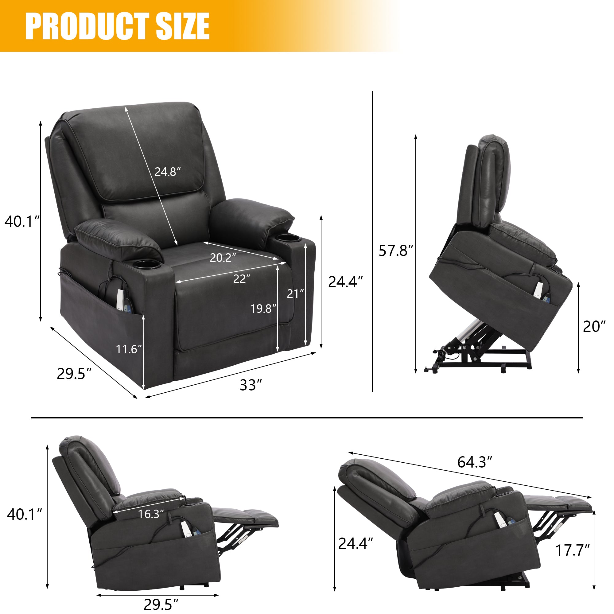 KIGOTY Power Lift Chair PU Electric Recliner for Elderly,Remote Control Recline & Lift & Massage,Light Gray