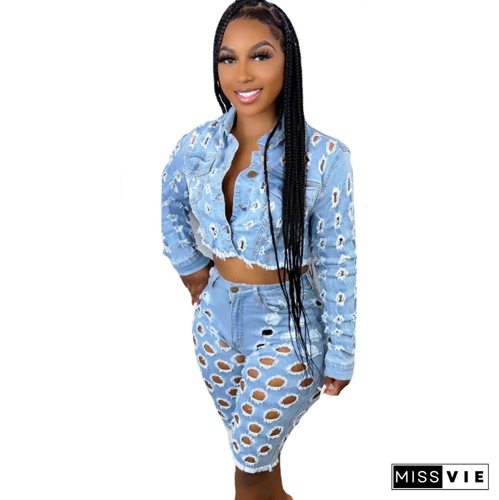 Denim Holes Long Sleeve Jacket Crop Top Shorts Suit