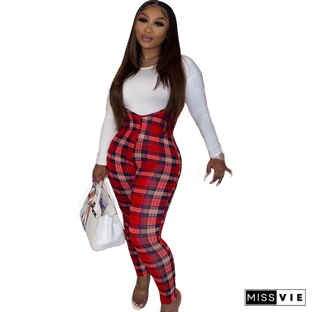 White T Shirt+Sling Plaid Jumpsuit Bodycon Matching Sets