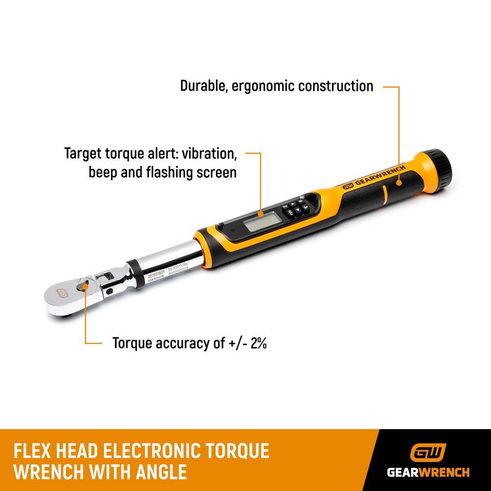 GEARWRENCH 38 in. Drive 10-100 ft.lbs. Flex-Head Electronic Torque Wrench with Angle 85078