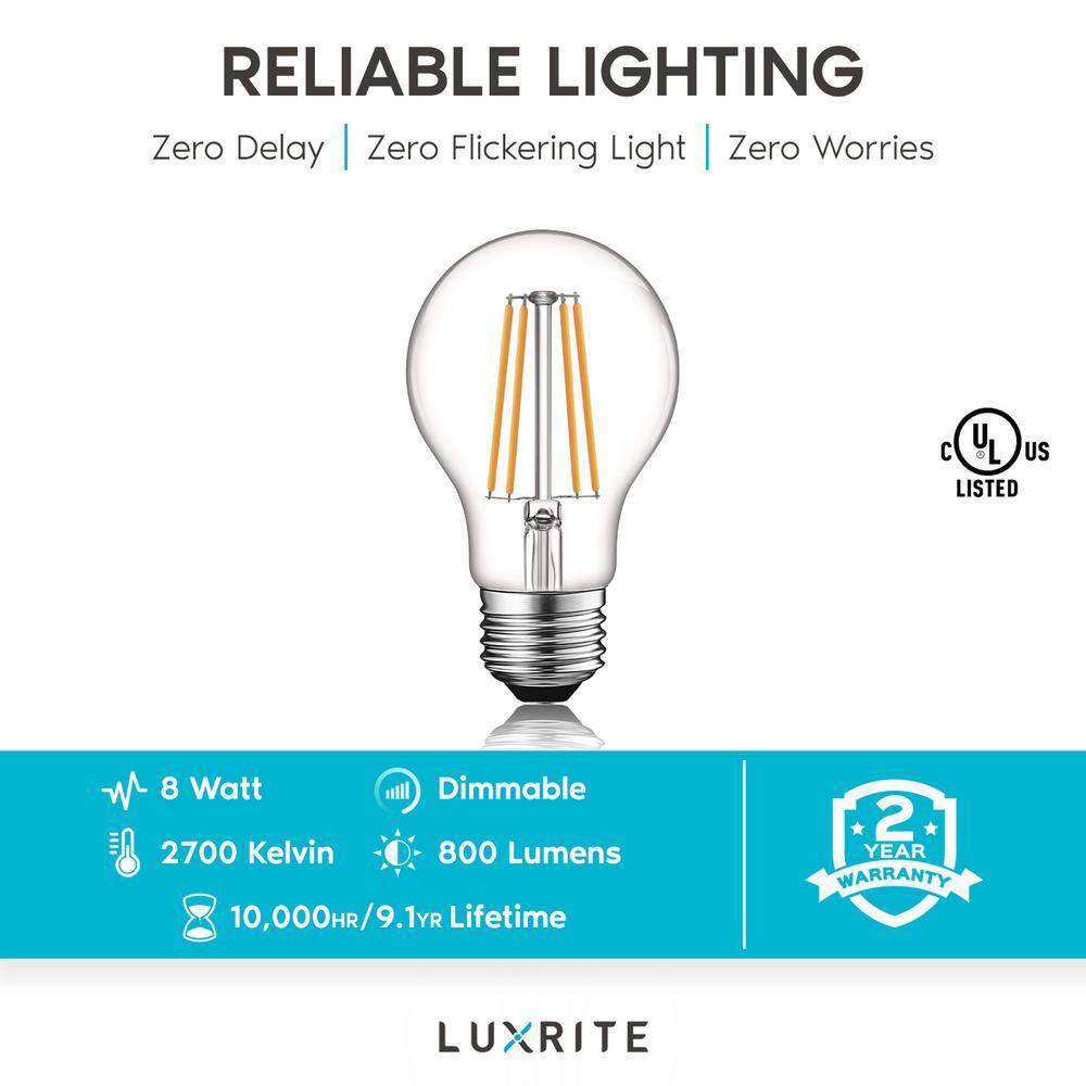 LUXRITE 60-Watt Equivalent A19 Dimmable Edison LED Light Bulbs UL Listed 2700K Warm White (4-Pack) LR21612-4PK