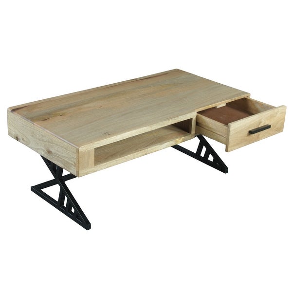 40 Inch Industrial Mango Wood Coffee Table， 1 Drawer， Iron Frame， Light Brown and Black