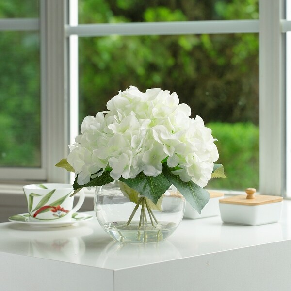 Hydrangea Artificial Flowers in Round Glass Vase with Faux Water，Silk Flower Arrangements in Vase for Home Decor，Wedding Table