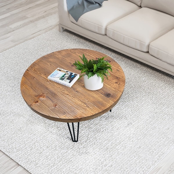 Soft Things Greenage Old Pine Natural Wood Round Large Coffee Table， 27.6