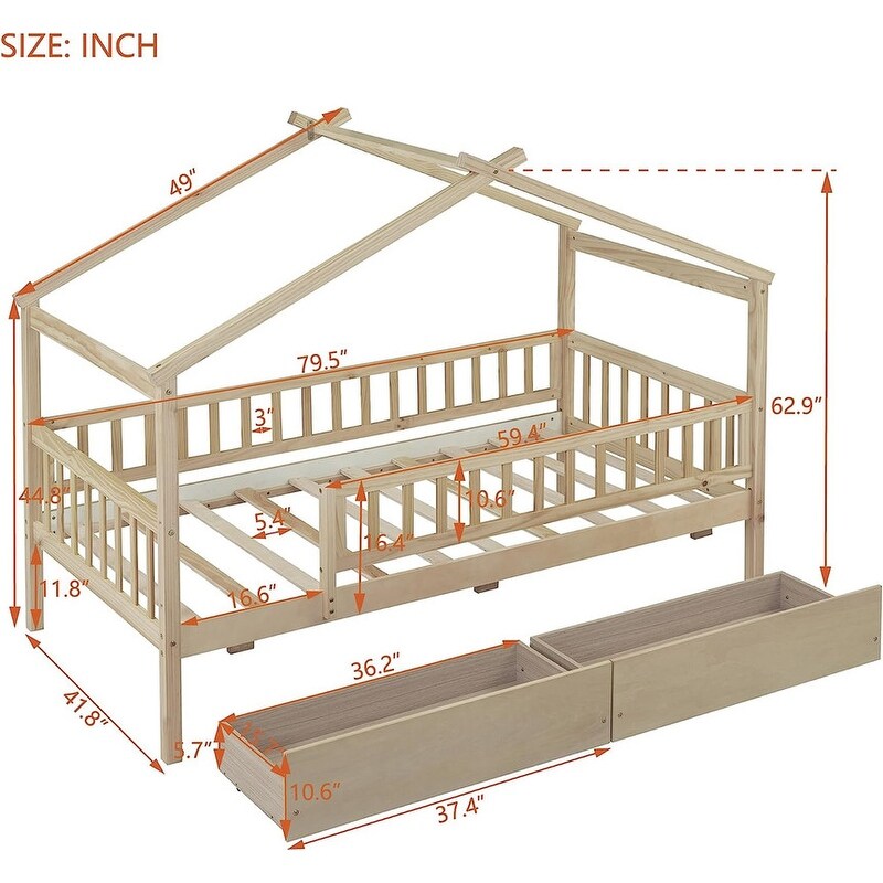 Twin House Bed with 2 Storage Drawers Rails and Roof for Kids