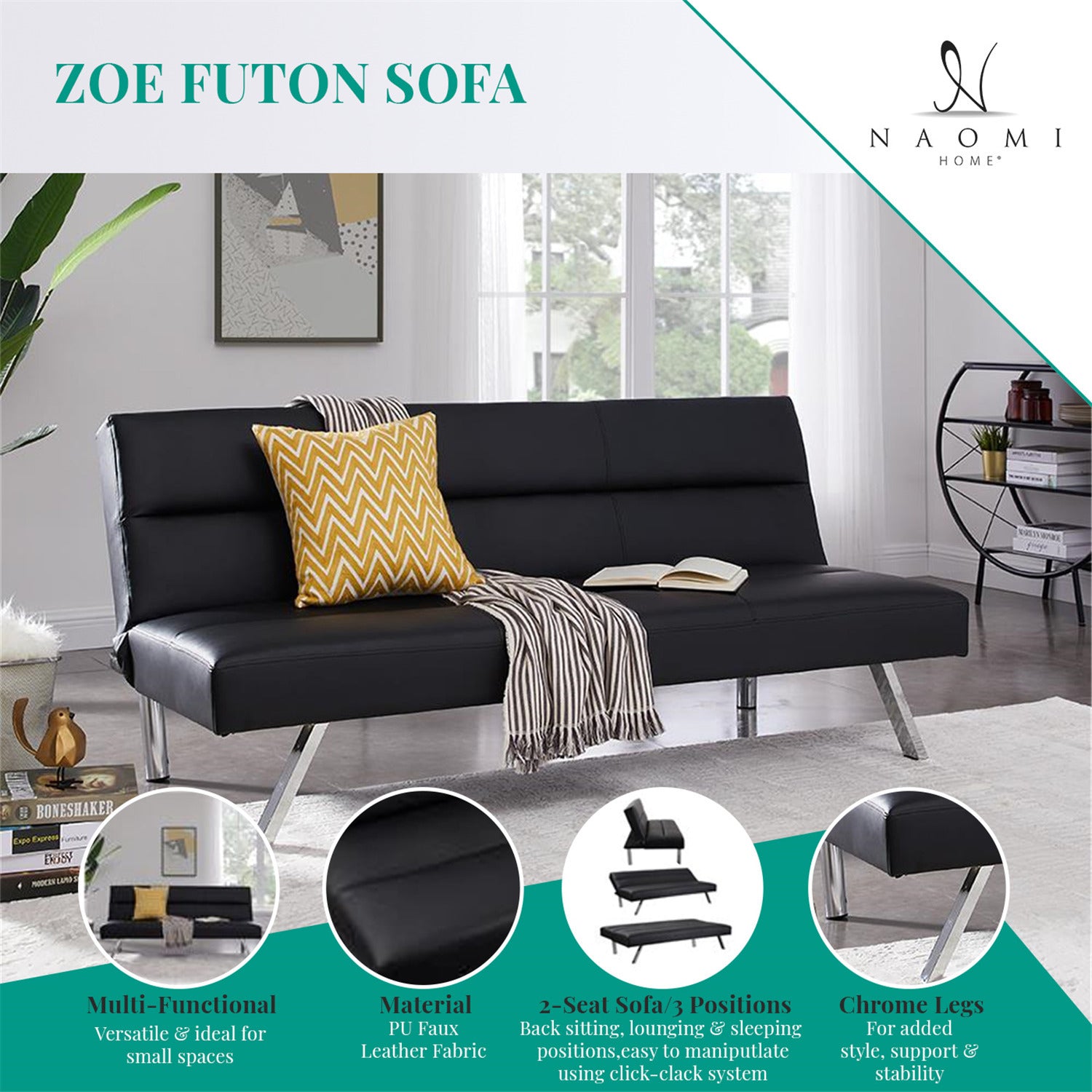 Futon Sofa by Naomi Home - Material: Faux Leather, Size: Button Tufted