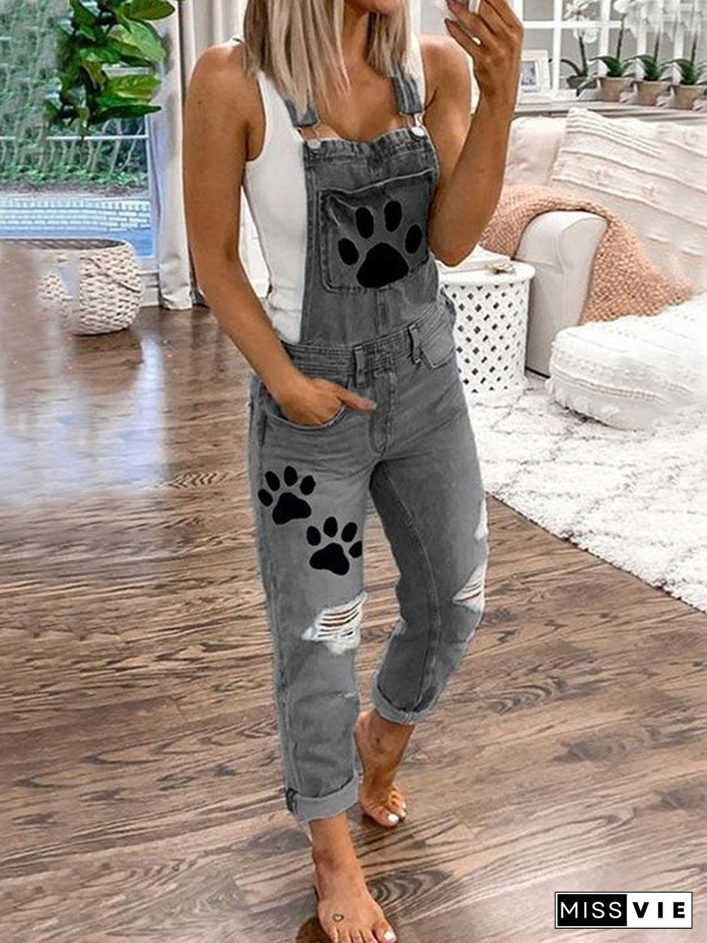 Women'S Jumpsuits Animal Paw Washed Ripped Denim Jumpsuit