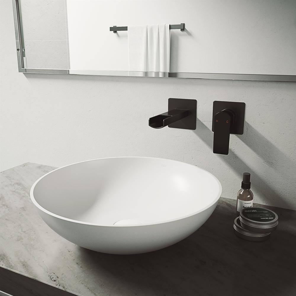 VIGO Lotus Modern White Matte Stone 16 in. L x 16 in. W x 5 in. H Round Vessel Bathroom Sink VG04015