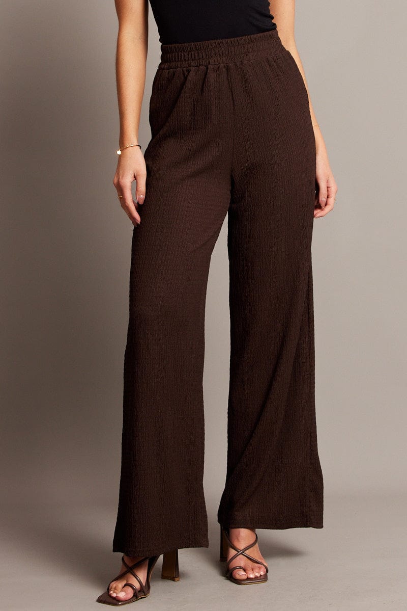Brown Wide Leg Pants High Rise Textured Fabric