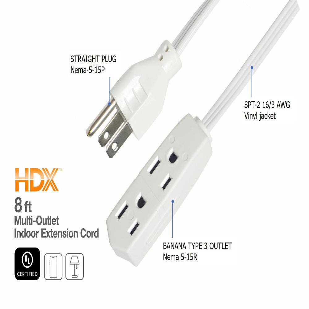 HDX 8 ft. 163 Light Duty Indoor Extension Cord with Banana Tap White HD#838-802