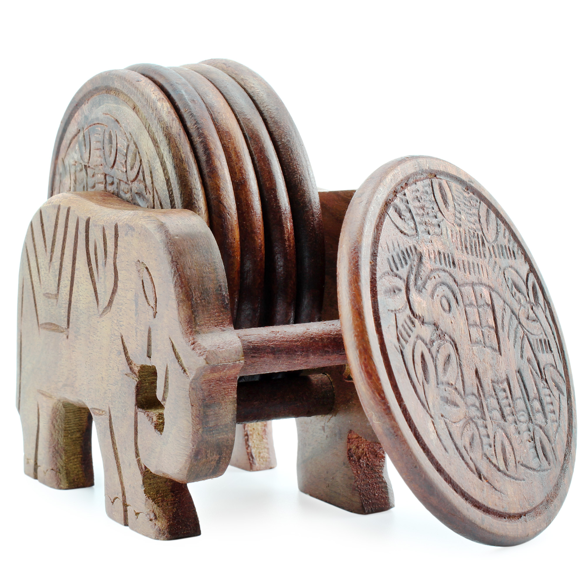 Elephant Design Wooden Coasters With Holder - set of 6， Handmade in India