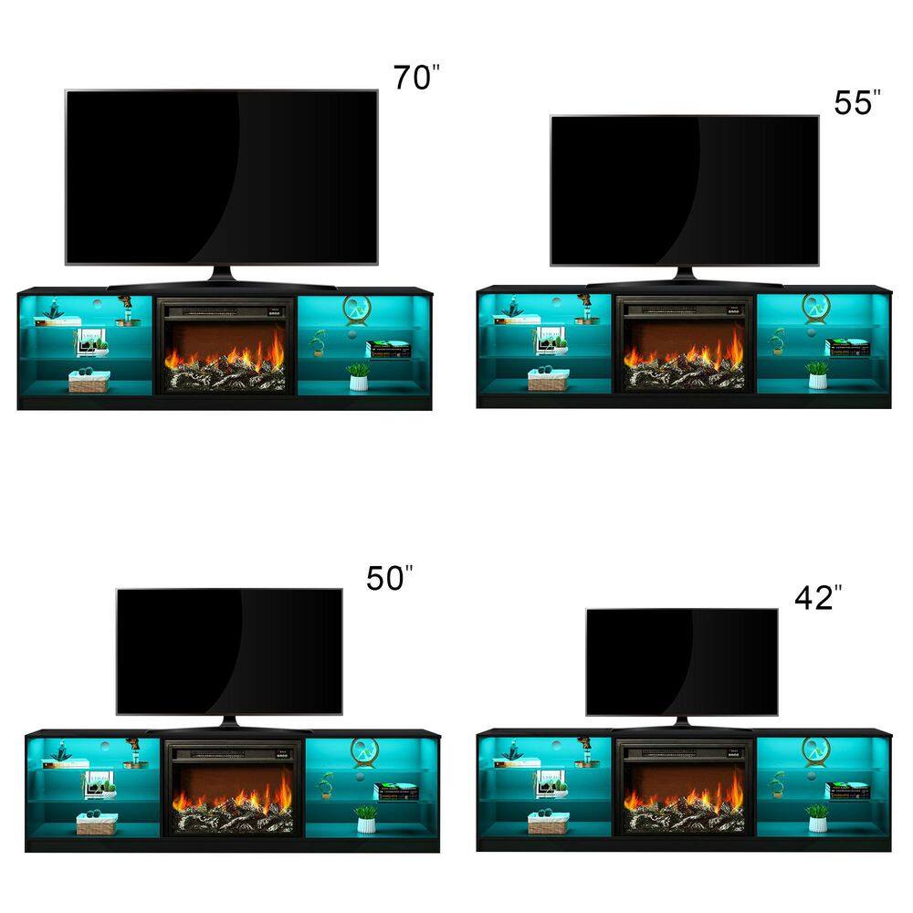 79 in. Black Modern Fireplace TV Stand with Open Shelf Fits TV's up to 70 in. with RGB Light D-W331S00042