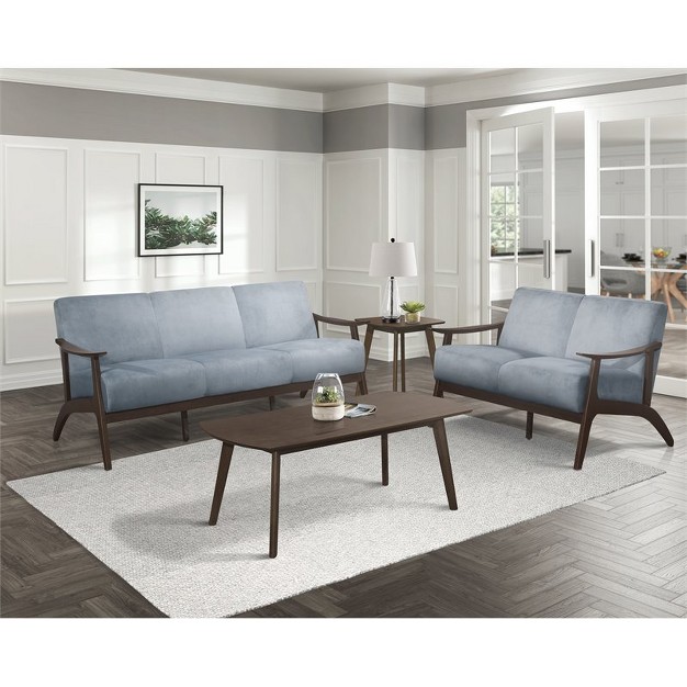 Carlson Velvet Upholstered Loveseat In Blue Gray And Dark Walnut Lexicon