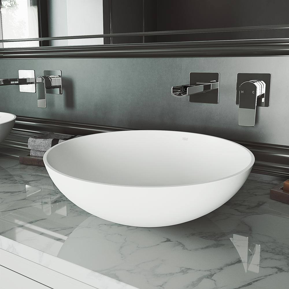 VIGO Lotus Modern White Matte Stone 16 in. L x 16 in. W x 5 in. H Round Vessel Bathroom Sink VG04015