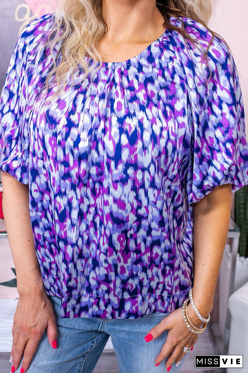 Purple Plus Size Printed Round Neck Bubble Sleeve Blouse