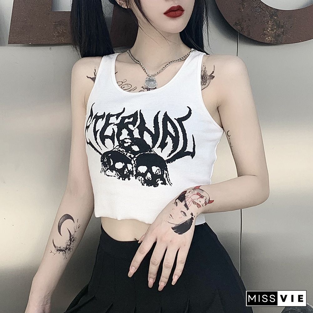 Sexy Punk Goth Crop Tops Women’s Summer Skull Print Vest Top Black White Fashion Round Neck Sleeveless Slim Tank Top Mujer