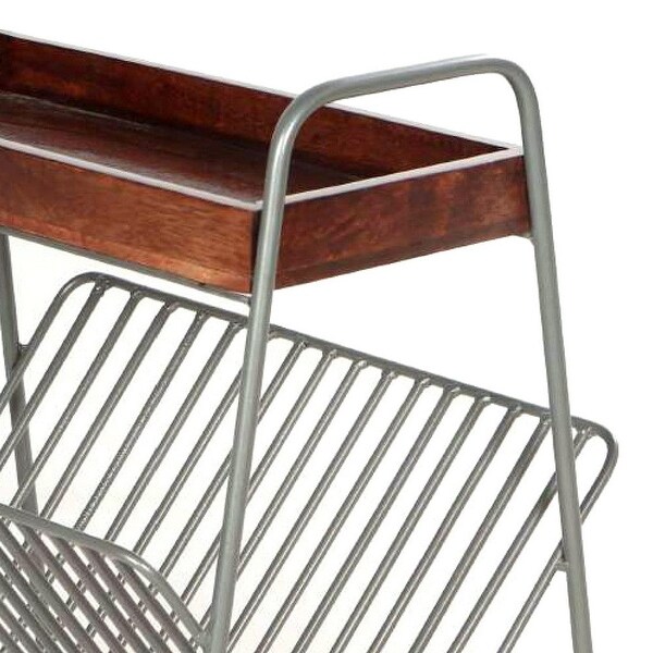 25 Inch Rectangular Metal Frame Side Table， Magazine Rack， Mango Wood Tray Top， Brown， Pewter Gray - 22 L x 18 W x 24.5 H