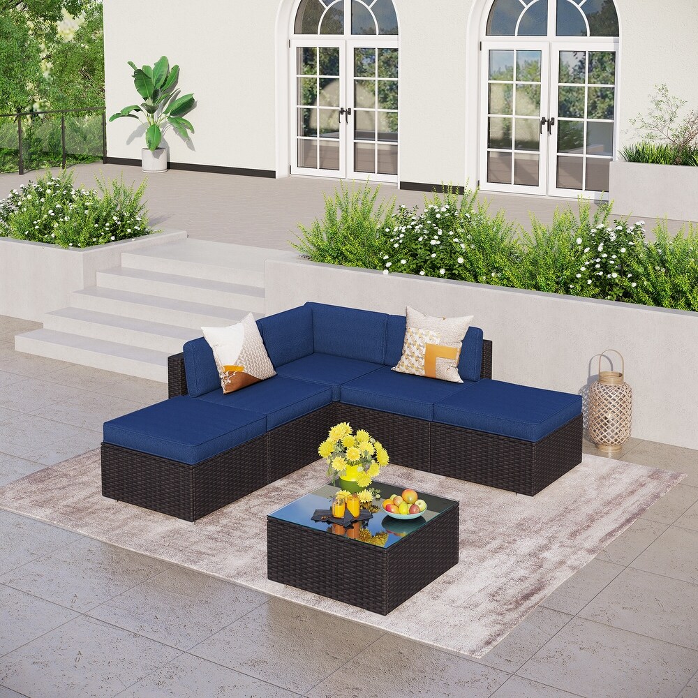 6 Piece Outdoor Sectional Sofa Rattan Patio Furniture Set Conversation Set with Tea Table