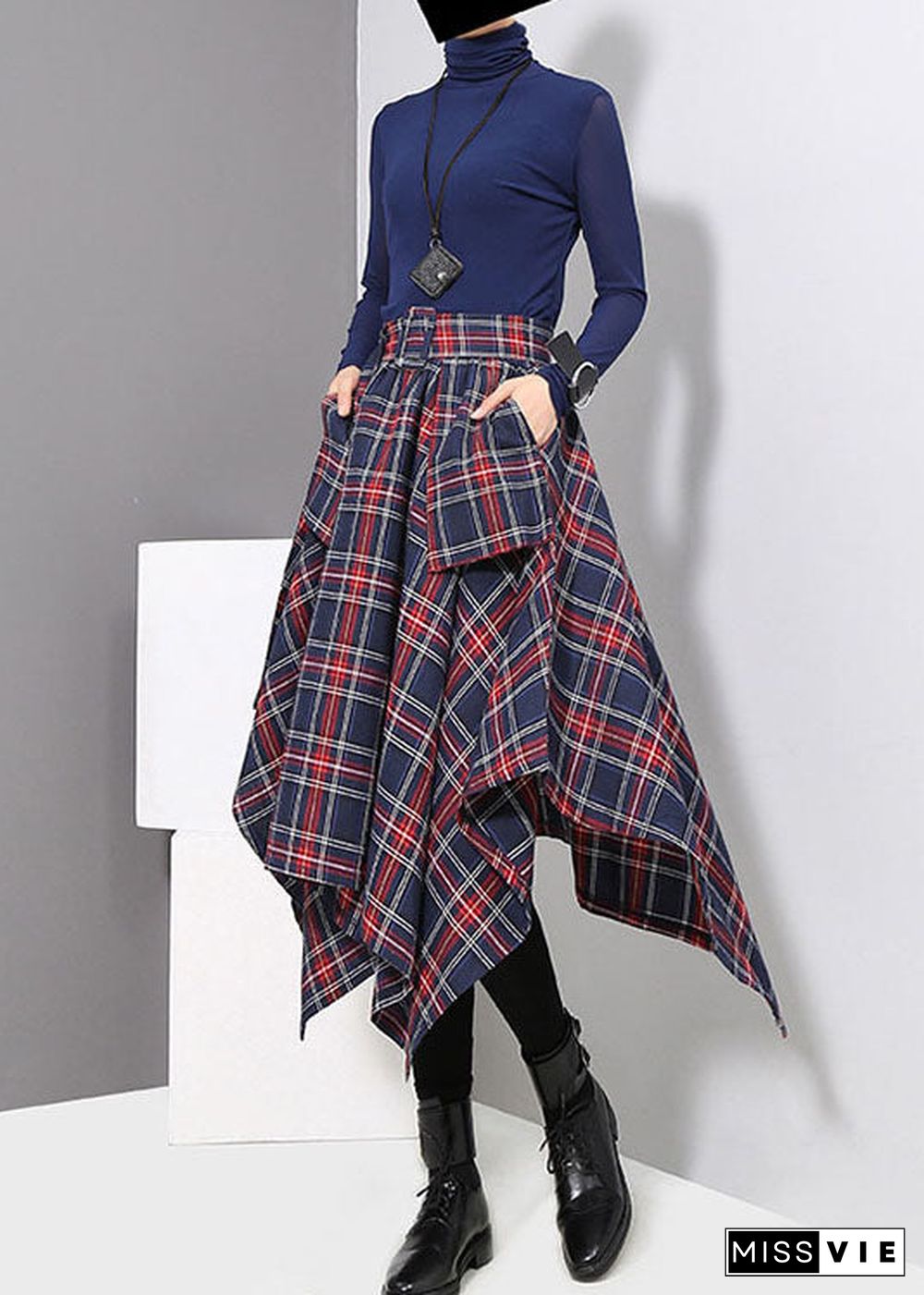 Fashion dark Blue tie waist Asymmetrical a line Skirts Spring