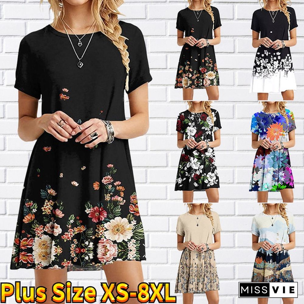 Women's Fashion Dress Flower Leaf Print Women's Casual Dress Summer Beach Short-sleeved Dress Plus Size XS-8XL