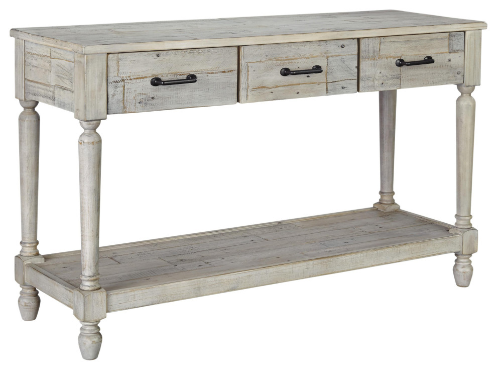 Benzara BM210947 Wooden Sofa Table with 3 Drawers  amp1 Bottom Shelf  Washed White   Farmhouse   Console Tables   by VirVentures  Houzz