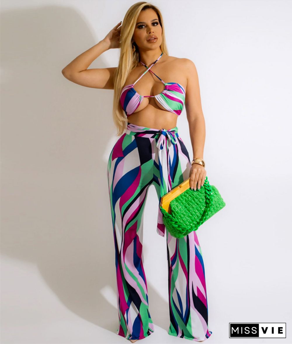 Print Halter Bandage Bra Top Wide Leg Pant Sets