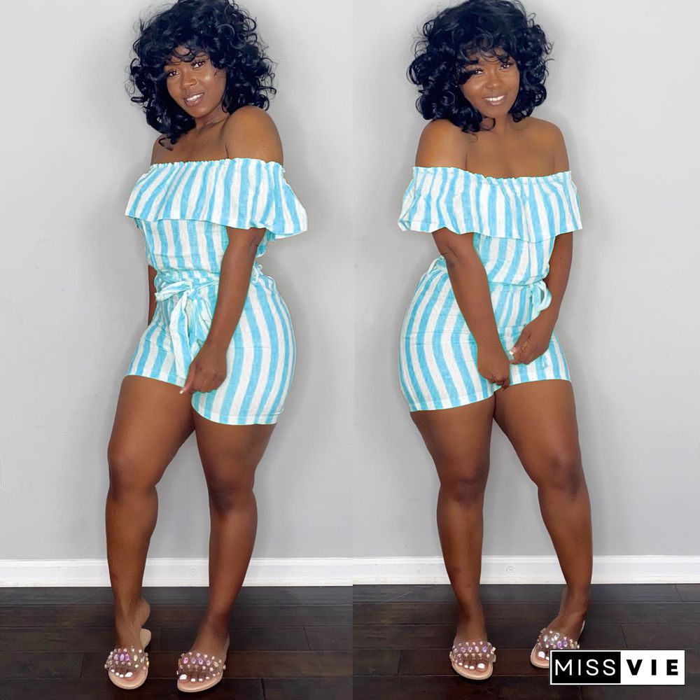 Summer Elegant Women Striped Short Sleeve Ruffles Off Shoulder Mid Waist Bandage Bodycon Romper