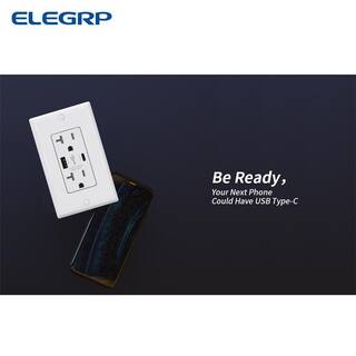 ELEGRP 25-Watt 20 Amp Type A  C Dual USB Wall Charger with Duplex Tamper Resistant Outlet Wall Plate Included White (2-Pack) R1820D50AC-WH2-SW