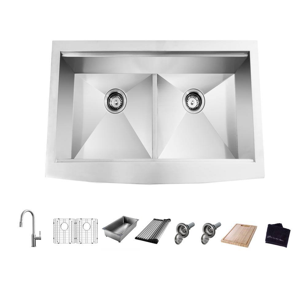 Glacier Bay AIO Zero Radius FarmhouseApron-Front 18G Stainless Steel 33 in. Double Bowl Workstation Kitchen Sink Pull-Down Faucet 4314F-1