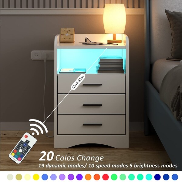 White Nightstand with Charging Station and LED Lights， 3 Drawers nightstand Set of 2， Bed Side Table Night Stand - - 37635358