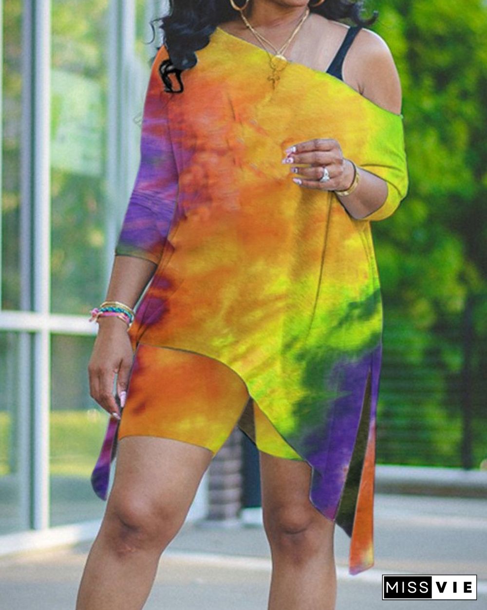 Tie Dye Slash Neck Asymmetrical Split Top & Shorts Set