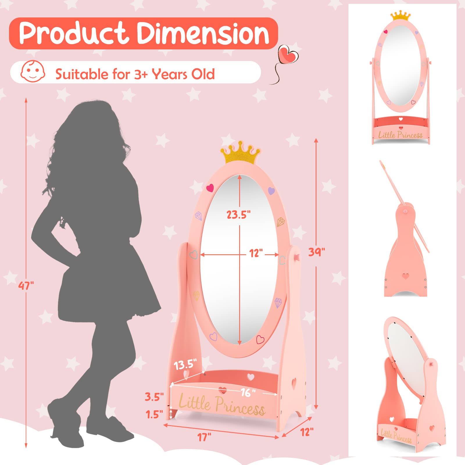 Costzon Kids Full Length Mirror, Princess Floor Free Standing Mirror