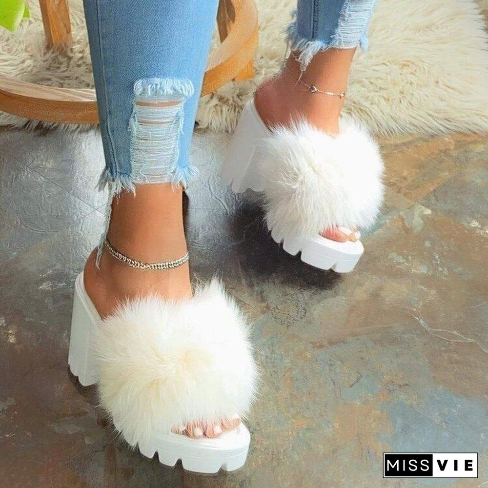 Back To School Outfit  Women'S Sandals Summer High Heels Vintage Plush Fur Slippers Peep Toe Square Heel Wedges Sandals Shoes Zapatos Mujer