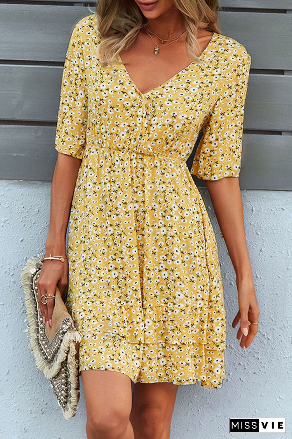 Fashion Street Print Split Joint V Neck A Line Dresses