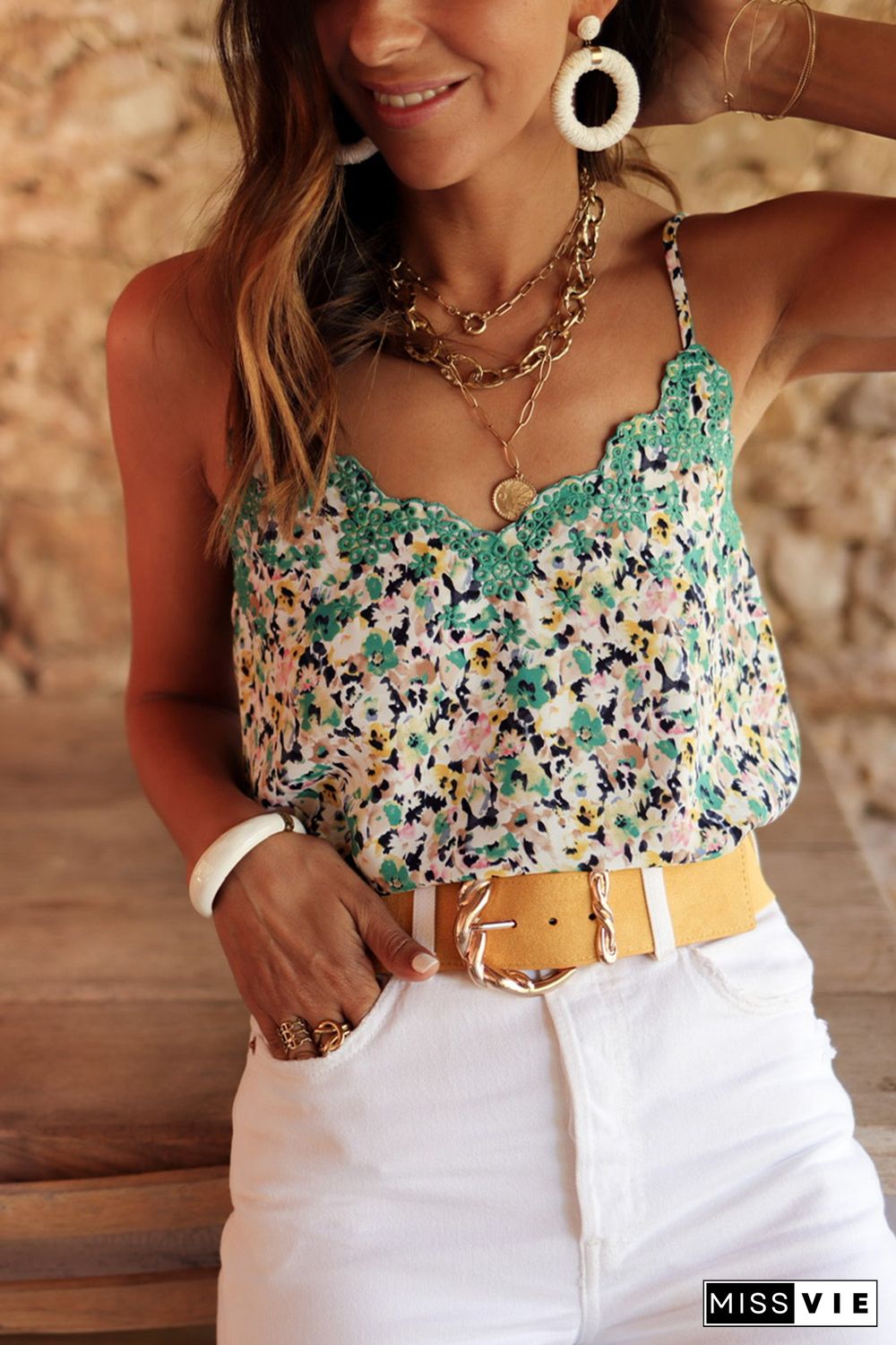 Green Embroidered Boho Floral Camisole