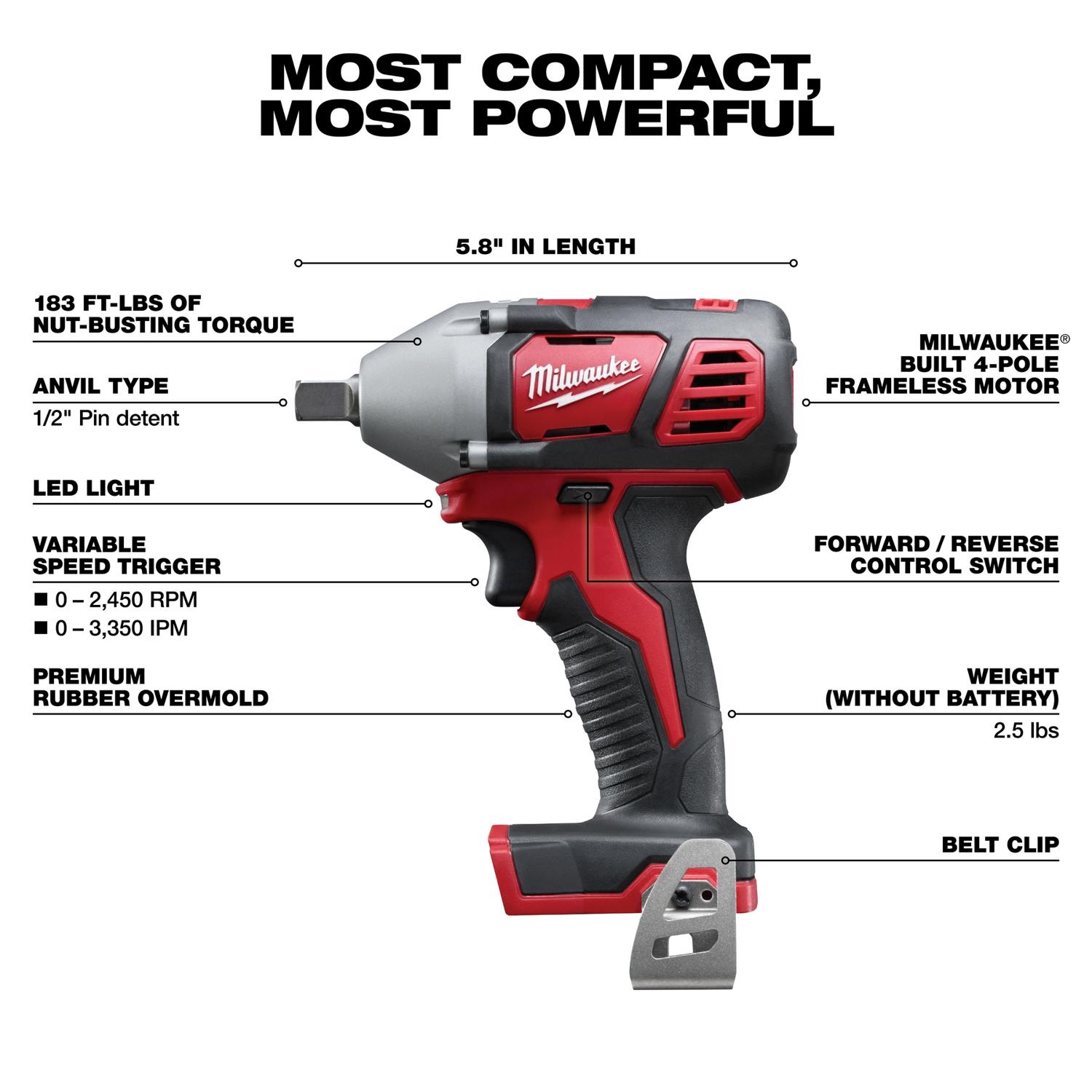 MW M18 18 V 1/2 in. Cordless Brushed Impact Wrench Tool Only