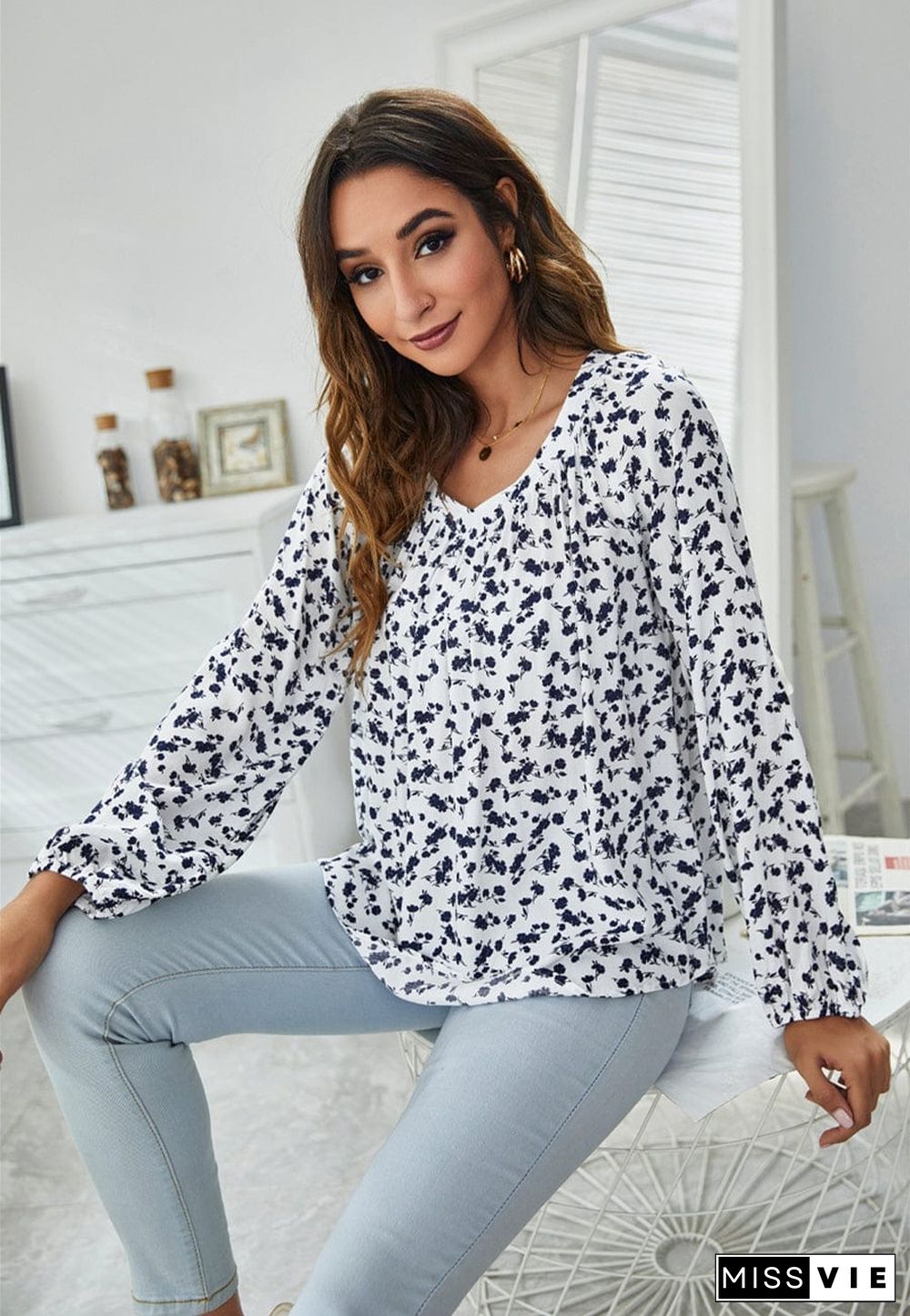 Classic V Neck Floral Blouse