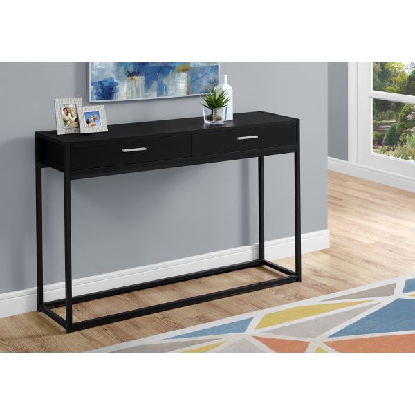 Accent Table， Console， Entryway， Narrow， Sofa， Storage Drawer， Living Room， Bedroom， Black Laminate， Black Metal， Contemporary， Modern