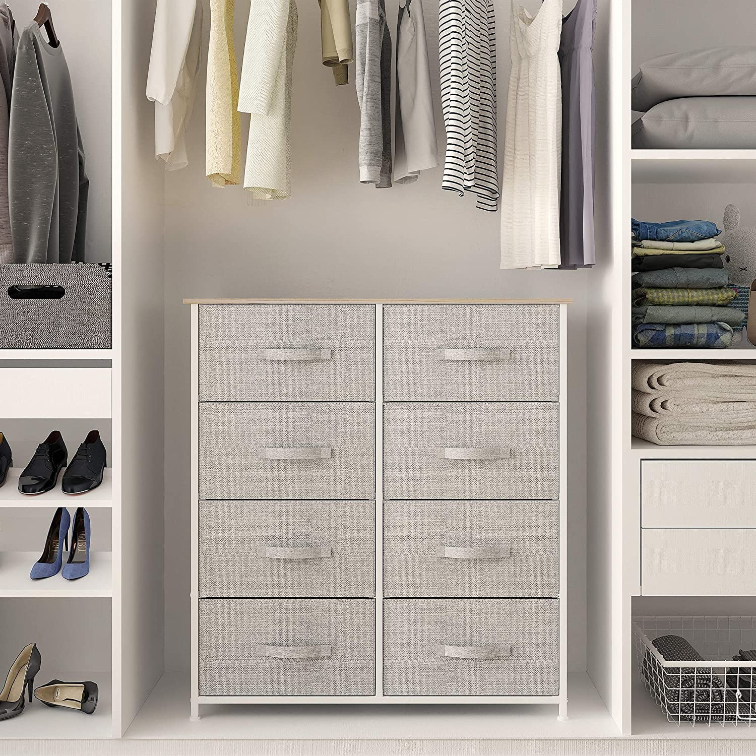 YITAHOME Vertical Dresser with 8 Fabric Drawers Bins for Bedroom, Organizer Storage Tower Cabinet with Shelf, Light Gray