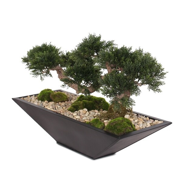 Artificial Large Cedar Bonsai，Moss，Natural Pebbles in Metal Zinc Pot