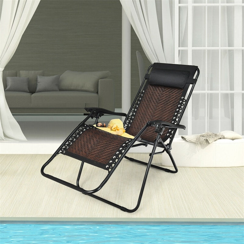 Rattan Folding Zero Gravity Lounge Chair Outdoor with Removable Pillow, Locking System, Adjustable Portable Patio Armchair