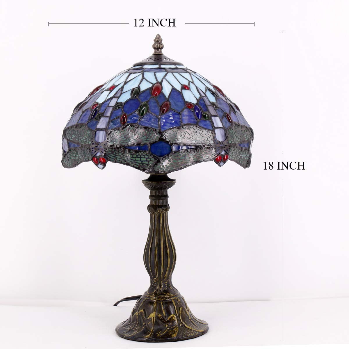 SHADY Tiffany Table Lamp Blue Stained Glass Dragonfly Style Bedside Desk Reading Light 12X12X18 Inches Decor Bedroom Living Room Home Office S004 Series