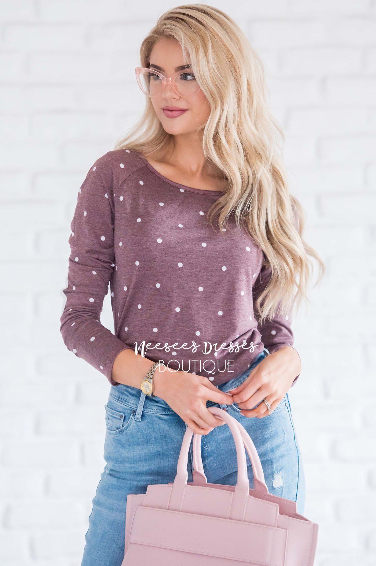 Polka Dot Elbow Patch Shirred Side Top