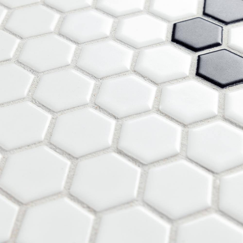 Merola Tile Metro 1 in. Hex Matte White with Single Flower 10-14 in. x 11-78 in. Porcelain Mosaic Tile (8.6 sq. ft.Case) FXLM1HMF