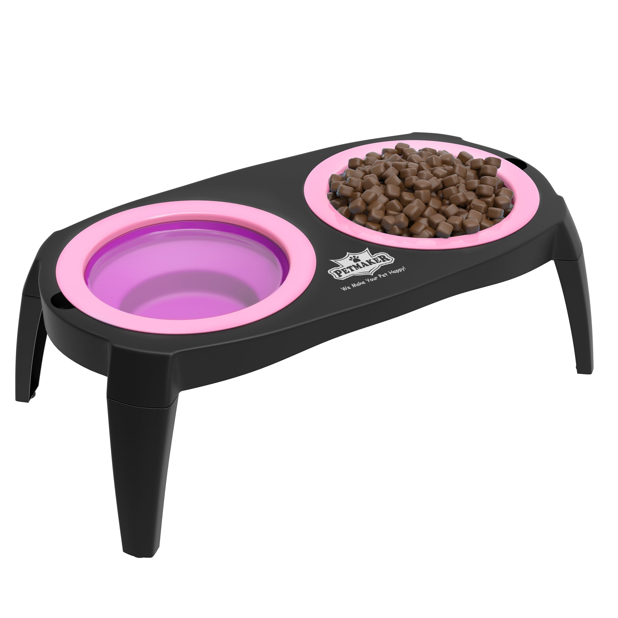 Elevated Pet Bowls with Non Slip Stand for Dogs and Cats-Removeable and Collapsible Silicone Feeder for Food and Water- 16 Oz Each By PETMAKER (Pink)