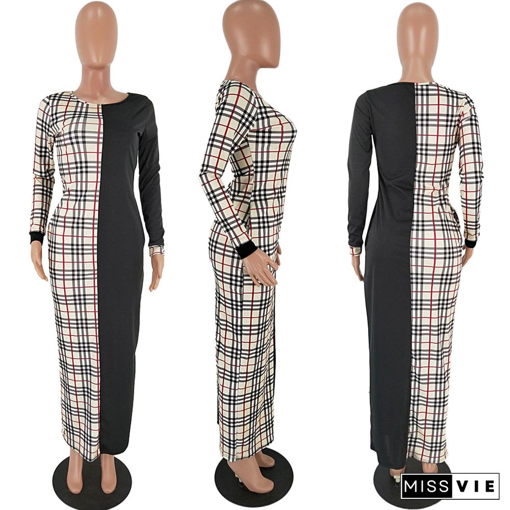 Stylish Plaid Printed Patchwork Skinny Ankle-length Maxi Dress