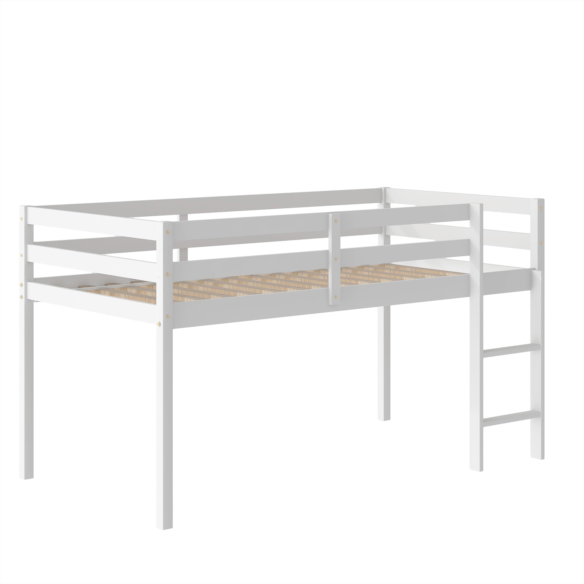 Twin Wood Loft Bed with Full-length Safety Rail and Ladder, Modern Loft Bed Frame for Kids Teens Adult, Space Saving Bedroom Low Loft Bed, No Box Spring Needed, White, J2309