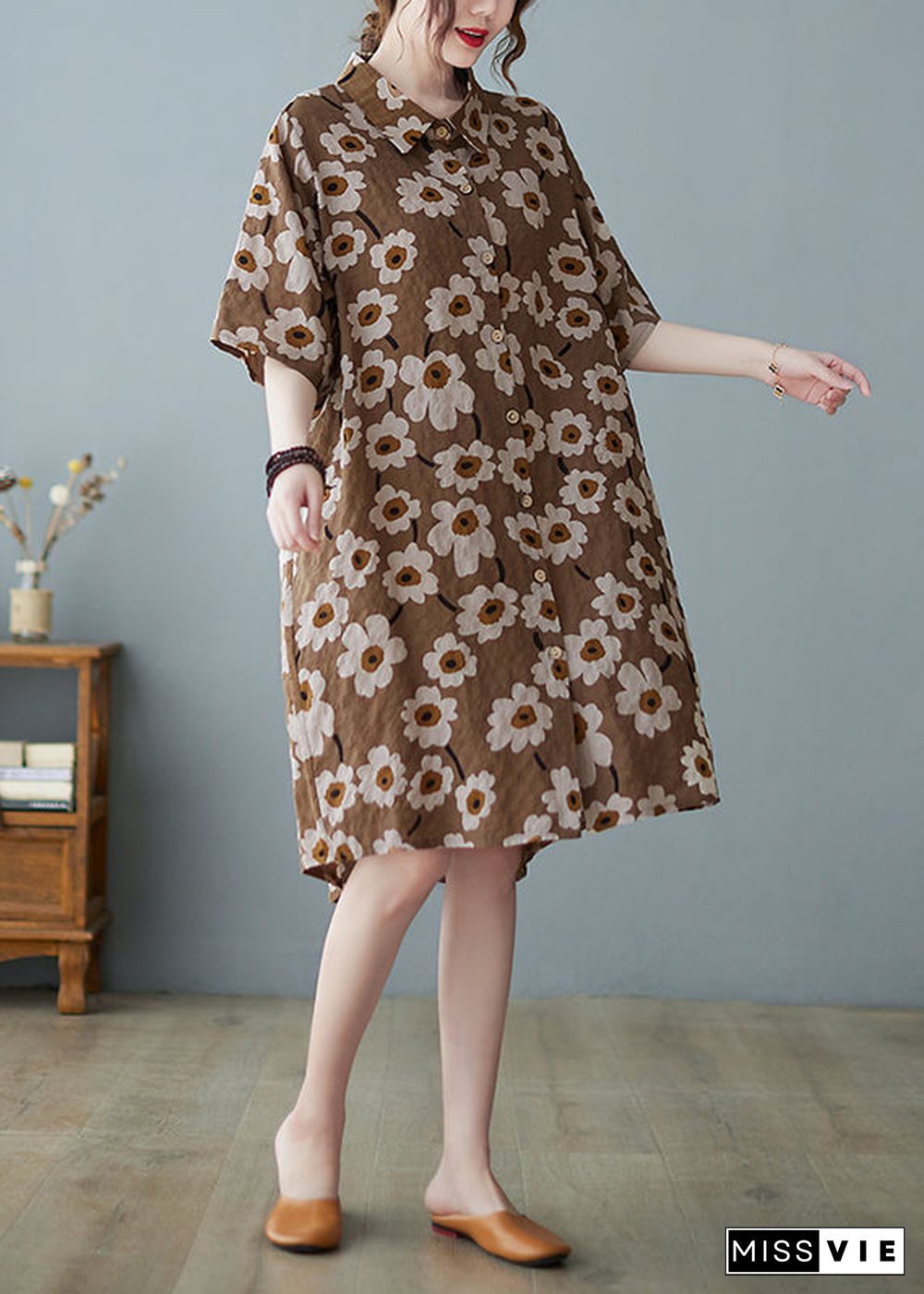 Modern Yellow Button Stand Collar Floral Print Party Dress Half Sleeve